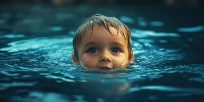 Child enjoying a swim in a serene pool during a sunny afternoon in a tranquil backyard setting photo