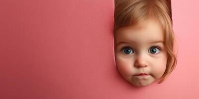 Toddler peeking through a hole in a pink backdrop showing curiosity and wonder during a playful moment in a studio setting photo