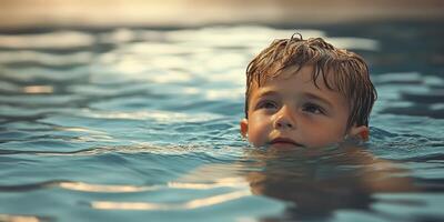 Young boy enjoys swimming in a pool during golden hour with soft sunlight reflecting on the water surface photo