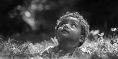 Child gazing upwards while lying on grass in a park during sunny day capturing wonder and innocence photo