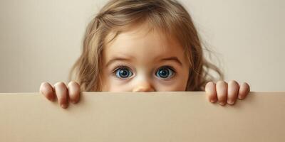 Sweet child peeks over a blank surface with big blue eyes in a cozy indoor setting photo