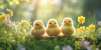 Three fluffy yellow chicks standing among colorful flowers in a sunlit meadow during springtime photo