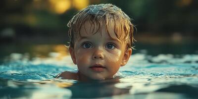 Child enjoying a warm summer day swimming in a pool surrounded by nature photo