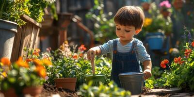Young child enjoys gardening while planting flowers in a sunny backyard during springtime photo