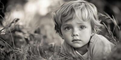 Child with curly hair gazing curiously while playing in a lush green field during a sunny afternoon photo