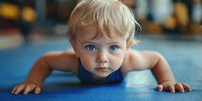 Young child with blue eyes performing push-ups on a gym mat in a bright indoor environment photo