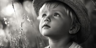 Young child gazes up at the sky with wonder while sitting in a grassy field during a sunny day photo