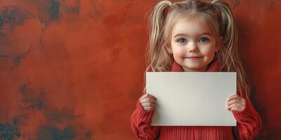 Young girl with pigtails holding a blank card in front of a textured red wall photo