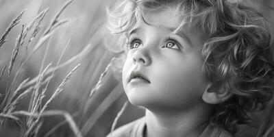 Child gazing thoughtfully at the sky surrounded by tall grass in a serene outdoor setting during a sunny day photo