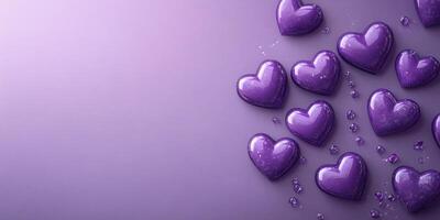 Decorative purple heart shapes arranged artistically on a smooth surface with sparkling accents in a soft light setting photo