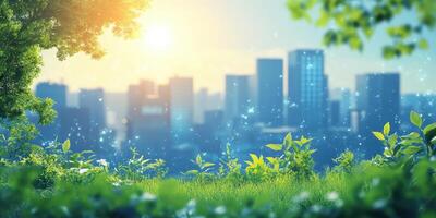 Bright morning light illuminates a city skyline with greenery in the foreground showcasing a serene urban nature blend photo