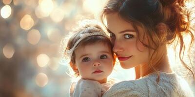 Mother holds her infant daughter lovingly in a softly lit atmosphere with bokeh background during twilight hours photo