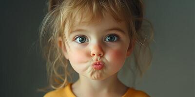 Cute child making a funny face with pouted lips and playful expression indoors during the daytime photo