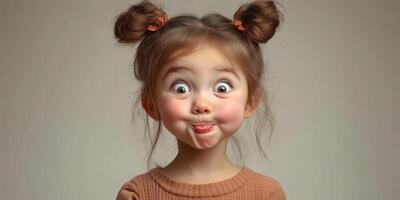 Young girl making funny face with pigtails against neutral background in playful expression photo