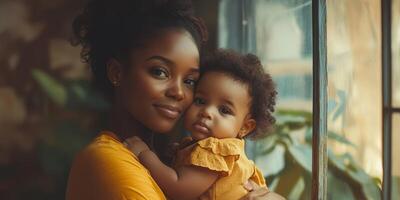 Mother and baby sharing a tender moment at home in soft afternoon light photo