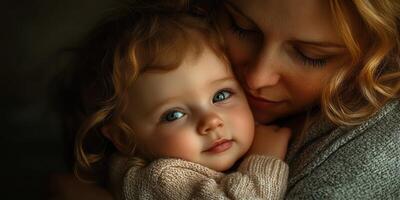 Caring mother affectionately holds her adorable child in a warm embrace during a cozy indoor moment photo