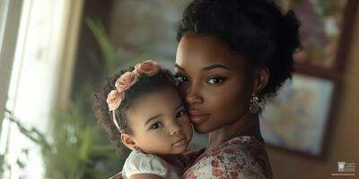 Caring mother holds her daughter close in a warm, sunlit room during a quiet afternoon photo