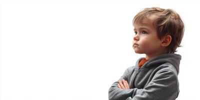Young boy with arms crossed looking thoughtfully to the side against a plain background photo