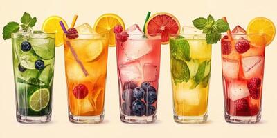 Colorful refreshing drinks display featuring various fruits and mint leaves in tall glasses on a light background photo