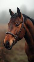 Horse portrait with a bridle in a misty landscape during early morning hours near a tranquil field photo