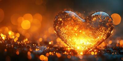 Sparkling heart shaped glass ornament glowing amidst warm bokeh background during twilight photo