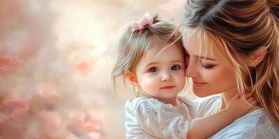 Loving embrace between mother and daughter in a serene outdoor setting during golden hour photo