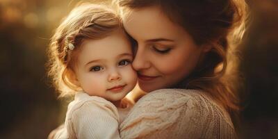 Tender moment between mother and daughter during a golden hour in an outdoor setting photo