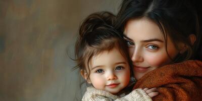 Mother and child share a loving moment during a cozy indoor gathering in soft, warm light photo