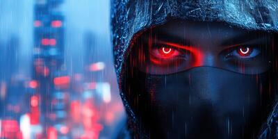 Mysterious figure with glowing eyes in a futuristic urban landscape during a rainstorm photo