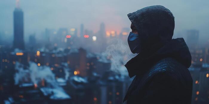Dark urban skyline views with a person wearing a mask in cold weather at dusk photo