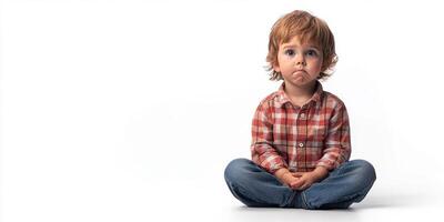 Young child with a thoughtful expression sitting on a plain background during a studio session photo