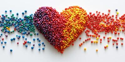 Colorful heart shape made of candy arranged creatively on a white surface photo