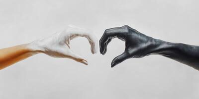 Hands painted in contrasting colors reach towards each other to form a heart shape symbolizing unity and connection in art photo