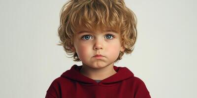 Young child with curly hair and blue eyes wearing a red hoodie shows a serious expression against a light background photo
