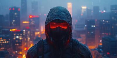 Mysterious figure in a hooded jacket stands against a rainy city skyline illuminated by vibrant lights at dusk photo
