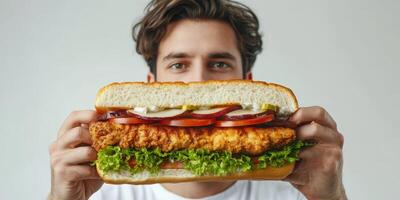 Freshly made sandwich held by a man showcasing vibrant ingredients and generous portion in a bright setting photo