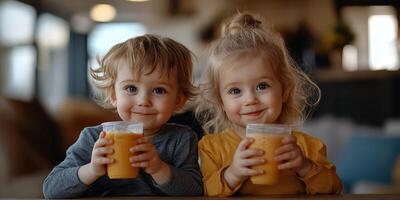 Happy children smile while enjoying fresh juice in a cozy indoor setting during the afternoon photo