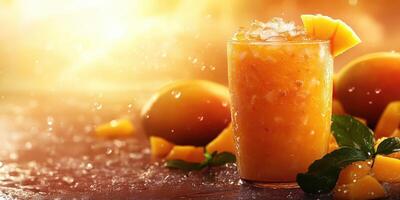 Refreshing tropical mango drink served in a glass on a hot summer day amidst fresh mangoes and mint leaves photo