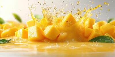 Fresh mango chunks create a splash in vibrant orange juice under bright lighting photo