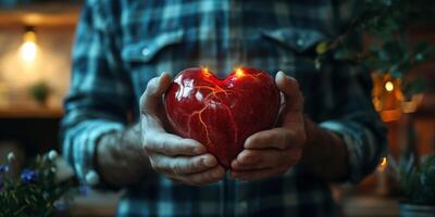 Person holds a glowing red heart-shaped object while surrounded by greenery in a cozy indoor space during evening hours photo