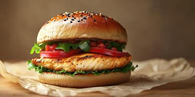 Fresh grilled salmon burger with lettuce and tomato served on a sesame seed bun photo