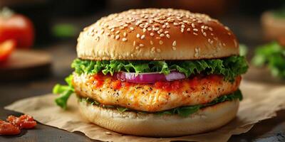 Delicious salmon burger with fresh toppings on sesame seed bun in a rustic setting during daytime photo