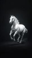 Majestic white horse gallops gracefully in a dark environment with dust rising in the air photo
