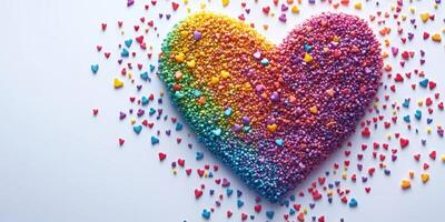 Colorful heart-shaped sprinkles arranged artistically on a white surface showcasing a vibrant rainbow gradient photo
