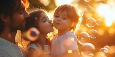 Parents and children enjoying playtime in the sunset with bubbles in a warm outdoor setting photo