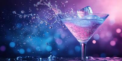 Colorful cocktail with ice splashes captured in a vibrant setting during evening hours photo