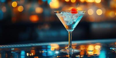 Elegant cocktail served in a glass with cherry and ice at a vibrant bar during nighttime photo