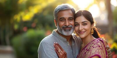 Joyful couple sharing a tender moment in a vibrant garden during golden hour photo