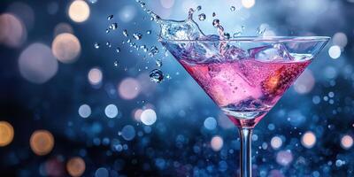 Sparkling cocktail splashing in a glass with colorful bokeh background at a lively evening gathering photo
