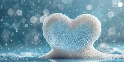 Heart-shaped soap bubbles creating a whimsical and dreamy atmosphere in a blue-toned setting with soft lighting photo